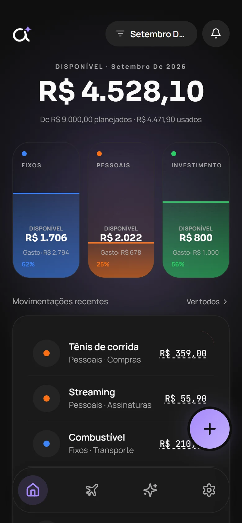 Tela inicial do app Aline, mostrando o saldo disponível do mês e os envelopes Fixos, Pessoais e Investimento